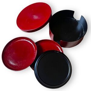 Vintage SS Japan Ruby Red Black Lacquerware Round Coasters with Storage Caddy